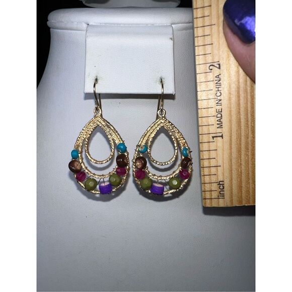 Boho Gold Tone and Beaded Teardrop Dangle Earrings - Picture 5 of 8